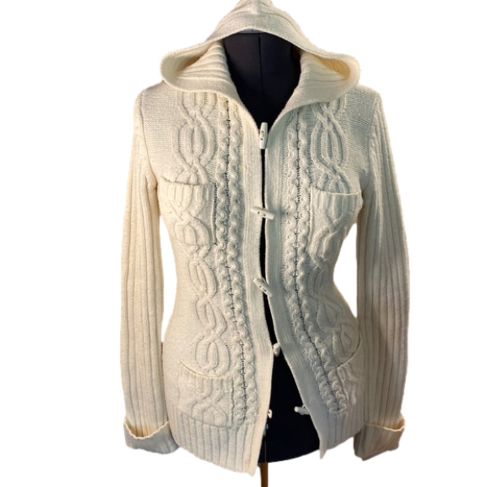 MARIPOSA Women's Hooded Cream Cable Knit Cardigan  Toggle Closings (Size Large)